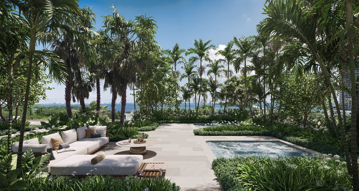 The outdoor spa and cold plunge set within the landscaped wellness garden
