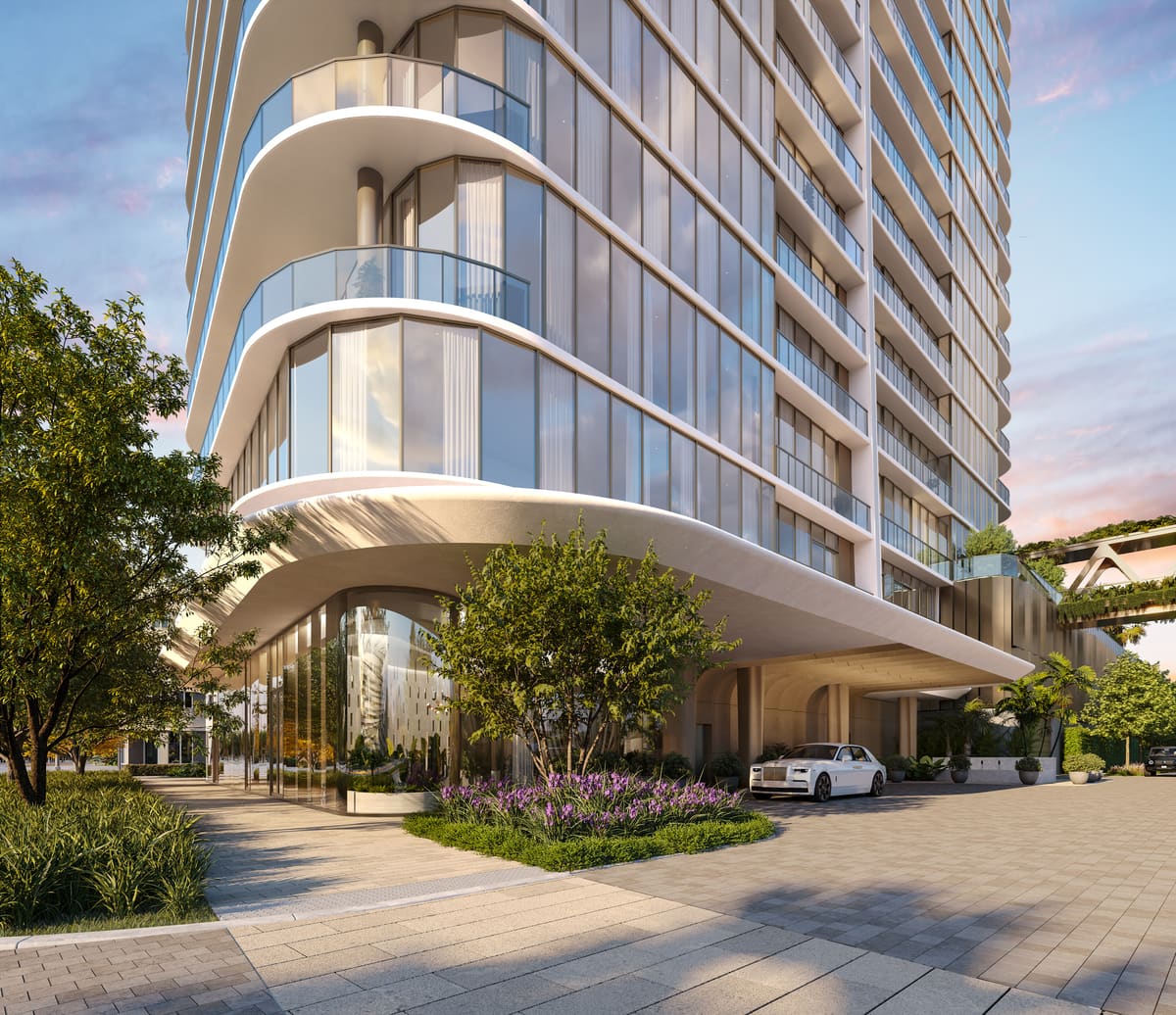 The private porte-cochère arrival court at Kempinski Residences Miami Design District