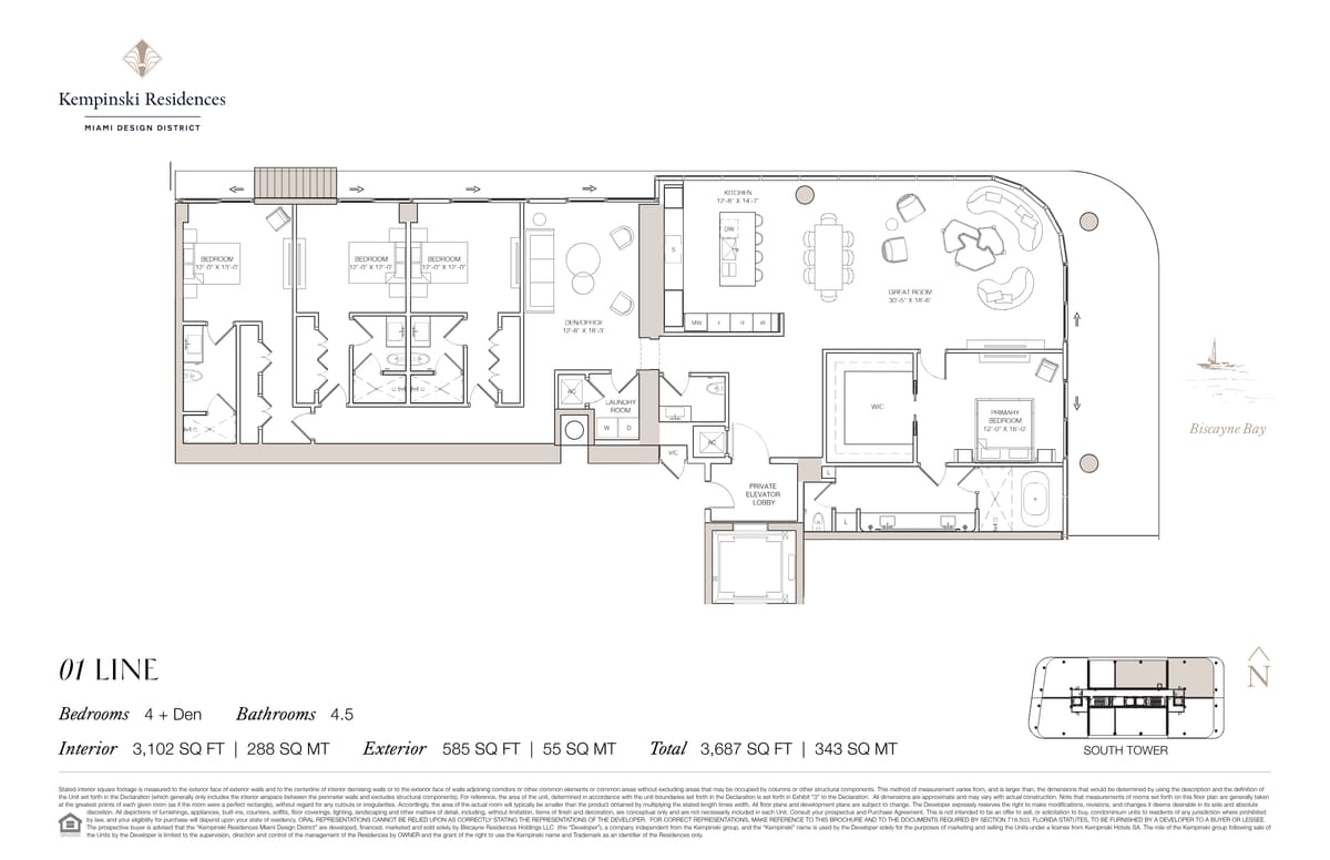 Floor plan — South Tower 01 Line, 4 + Den bedrooms, 4.5 bathrooms, 3,102 sq ft interior