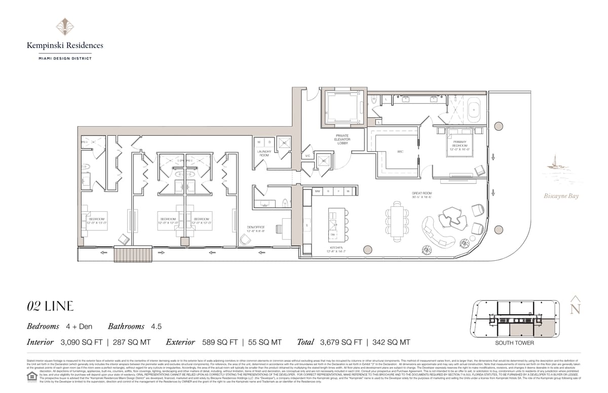 Floor plan — South Tower 02 Line, 4 + Den bedrooms, 4.5 bathrooms, 3,090 sq ft interior