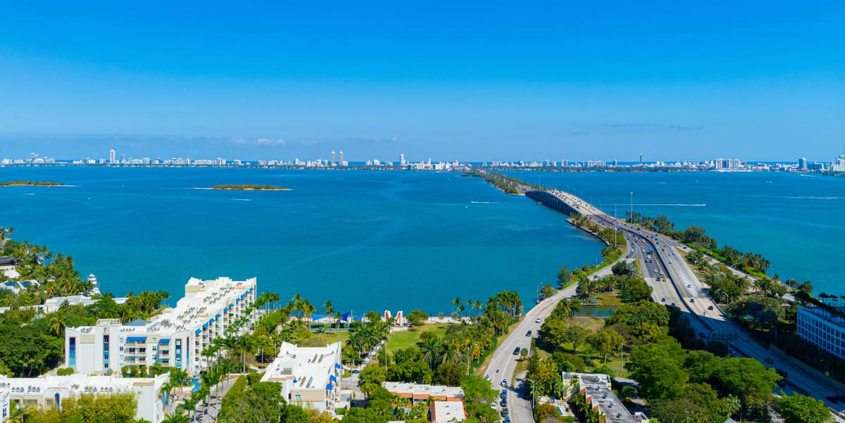 East panorama from the 20th floor of the South Tower across Biscayne Bay towards Miami Beach