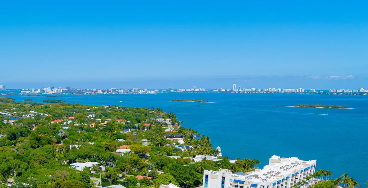 North-east panorama from the 20th floor of the South Tower over the bay and barrier islands