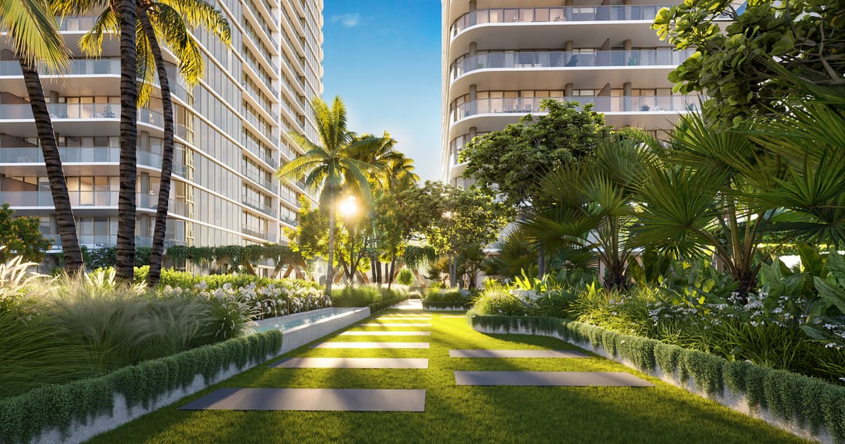 The landscaped meditation and yoga garden between the towers